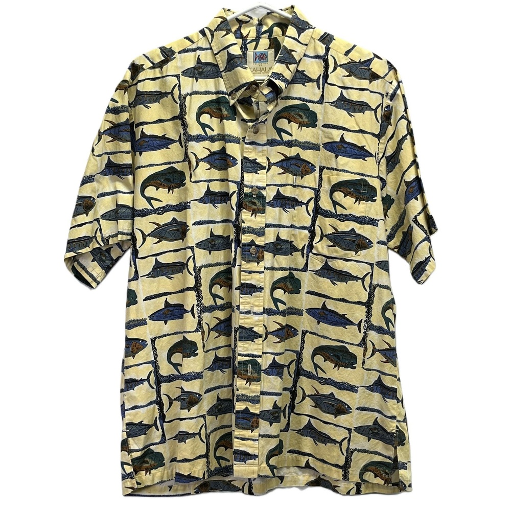 Kahala Hawaiian‎ Fish Marine Men's Button Down Short Sleeve Collared Shirt Large